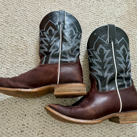 Nocona brown & black leather square toe Western cowboy boots, men's size 9D - Picture 2 of 14